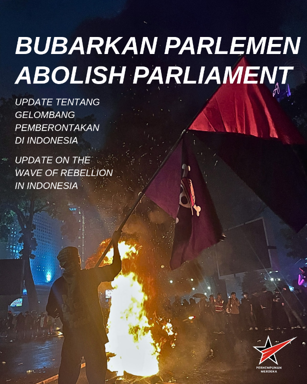 A protest scene in Indonesia with a person holding a flag and standing near a fire, conveying a message about abolishing the parliament.