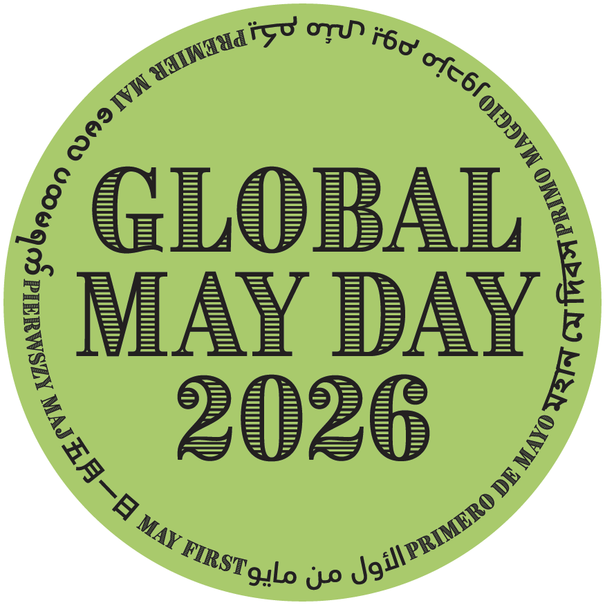 Graphic design featuring the text 'Global May Day 2026' on a green circular background with multilingual representations of May Day.